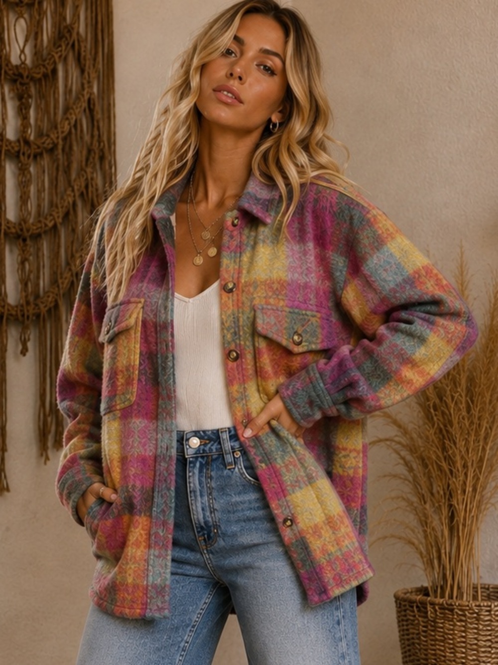 Multicolor Plaid Utility Shacket Jacket - Women’s Casual Coat